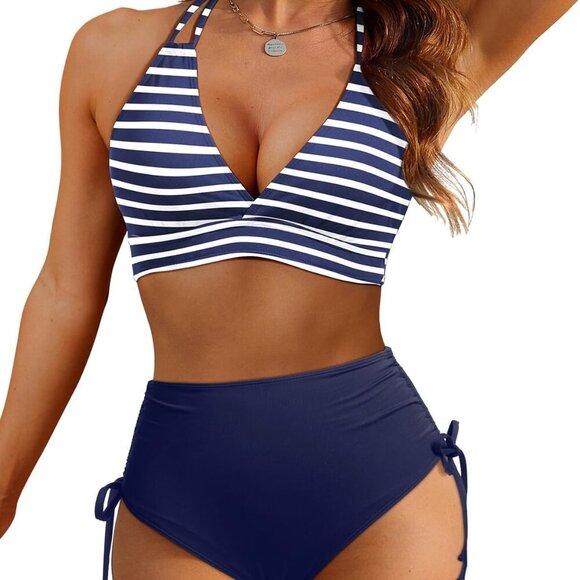 Women Blue Striped High Waisted Bikini Set Two Piece Push Up Bathing Suits Halte - Picture 1 of 6
